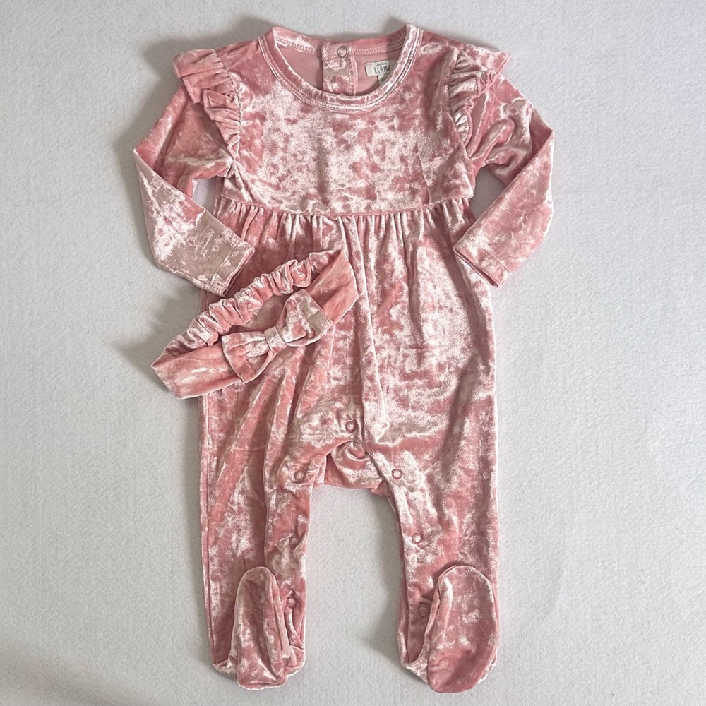 Blush Velvet baby 6 months outfit infant jumpsuit with headpiece baby girl